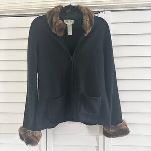 Vintage Wool Cashmere Blend Talbots Black Cardigan with Faux Fur Trim